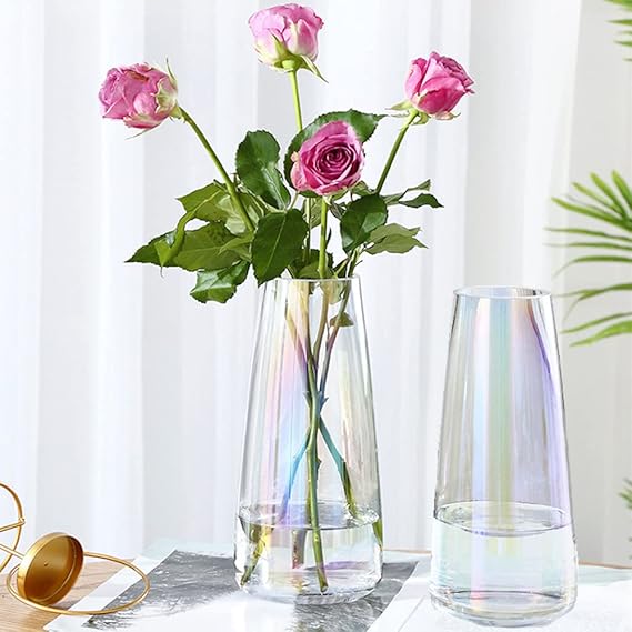 Lyellfe 2 Pack Flower Glass Vase, Clear Iridescent Modern Vase for Centerpiece, 8.6" Tall Handmade Table Vase for Living Room, Office, Chiristmas Gift, Wedding Decor