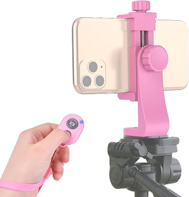 Universal Phone Tripod Mount Adapter with Wireless Camera Remote, Cell Phone Holder with Adjustable Clamp for Selfie Stick Monopod Compatible with iPhone, Samsung and so on -Pink