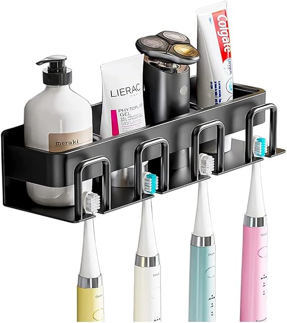 Toothbrush Holder Wall Mounted, No Drilling Electric Toothbrush Organiser Bathroom Toothpaste Storage Rack with 4 Brush Slots and Cups Holder (Black) | No Drilling Bathroom Toothpaste Storage Rack with 4 Brush Slots and Cups Holder