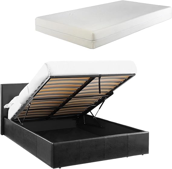 LUNA 4FT Small Double Faux Leather Ottoman Storage Bed Gas Lift Up (H: 88.5cm x W: 138cm x L: 203cm) and 20cm Thick Memory Foam Mattress (Black)