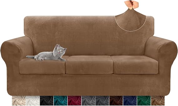 Cherrypark 4 Piece Luxurious Velvet Sofa Cover for 3 Cushion Couch High Stretch Sofa Slipcover for 3 seat Sofa Super Soft Couch Cover for Dogs Pets (Large, Camel)