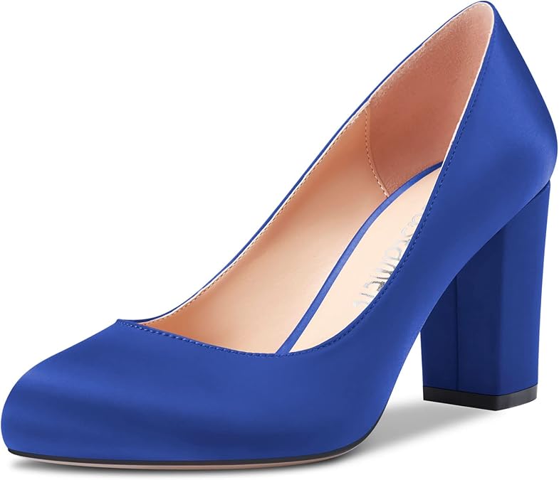 Castamere Women Chunky Block High Heel Round Toe Slip-on Pumps Wedding Party Dress 3.2 Inches Heels Shoes