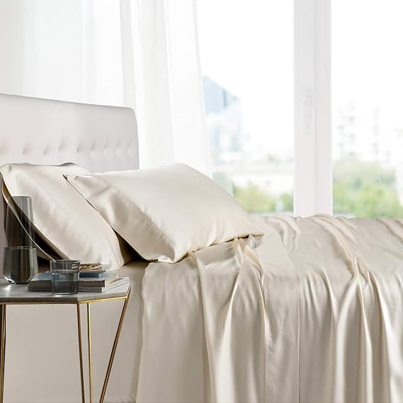 100% Mulberry Silk Sheet Set - 22 Momme Grade 6A, 21 Inch Deep Pocket, Luxurious Bed Sheets for Ultimate Comfort,King-Ivory/Cream