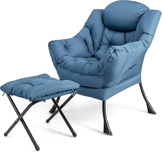 KOMFOTT Lazy Chair with Ottoman, Leisure Upholstered Reading Sofa Chair with Armrests & Side Pocket, Modern Lounge Accent Chair with Folding Footrest for Living Room, Bedroom, Balcony, Blue