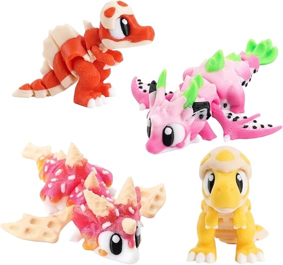 4Pcs 3D Printed Dragon, Mini 3D Printed Animals, 3D Printed Dinosaur, 3D Printed Fidgets, Set with Egg Shell Tyrannosaurus, Egg Shell Spinosaurus, Dessert Dragon and Pitaya Dragon