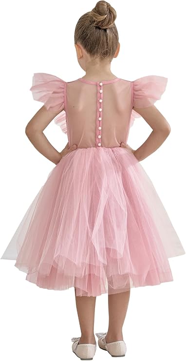 2Bunnies Girl Baby Toddler Flutter Sleeve Sheer Back Mesh Backless Fit and Flare Organza Tulle Flower Girl Dress