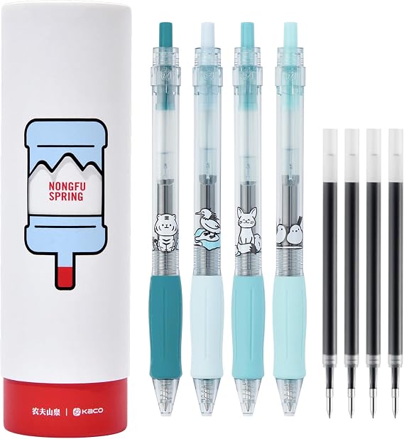 Kaco KEYBO Gel Ink Pens 4 Pieces Blue Color Ink with Extra 4 Black Refills | Recycled Water Bottle Material Low-waste Package
