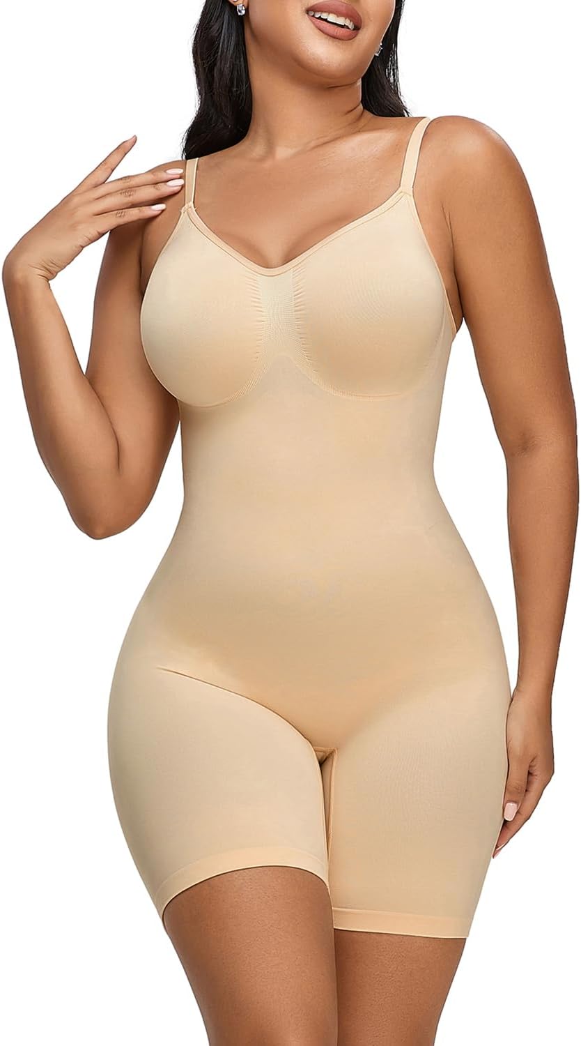 YIANNA Shapewear for Women Tummy Control Bodysuit Open Bust Mid Thigh Seamless Sculpting Body Shaper