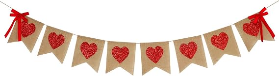 Burlap Heart Banner Garland | Red Glitter Heart | Valentine's Day Decorations| Rustic Valentines Decor | Valentines Burlap Banner | Wedding Anniversary Birthday Party Decorations Supplies