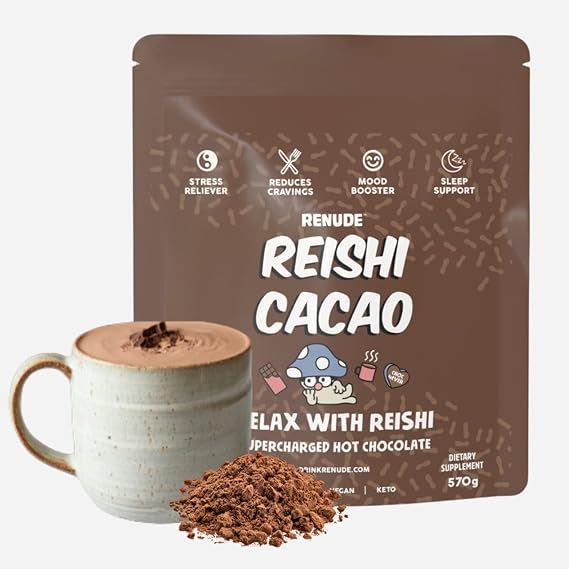 Renude Reishi Cacao Mushroom Hot Chocolate - Calming Natural Sleep Drink - Relaxing Magnesium Hot Cocoa with Organic Peruvian Cacao and Reishi Mushroom, 30 Servings
