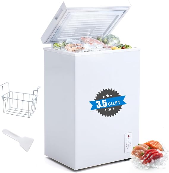 Dawmilon 3.5 Cu.Ft Chest Freezer, Energy Efficient & Quiet Deep Freezer with Adjustable Thermostat, Removable Basket & Defrost Drain Compact