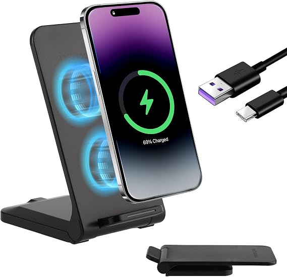 15W Foldable Wireless Charger Stand Wireless Charging Station for iPhone 15 14 13 XS XR, Android Wireless Charging Station Phone Inductive Charging Stand for Samsung Galaxy S23 S22 S21 S9 S8 Black