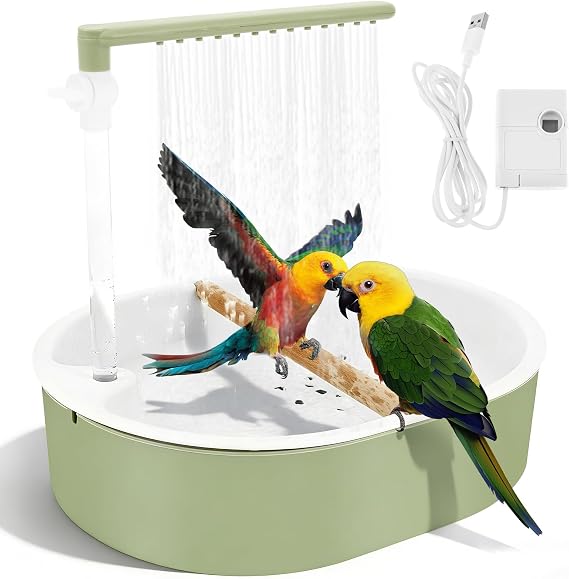 Budgie Bath Quiet Automatic Parrot Bird Bath for Cage, Adjustable Water Flow Bird Shower Tub with Simulated Natural Rainfall & Non-Slip Perch, Birds Cleaning Tool for Parakeets Budgies Cockatiels