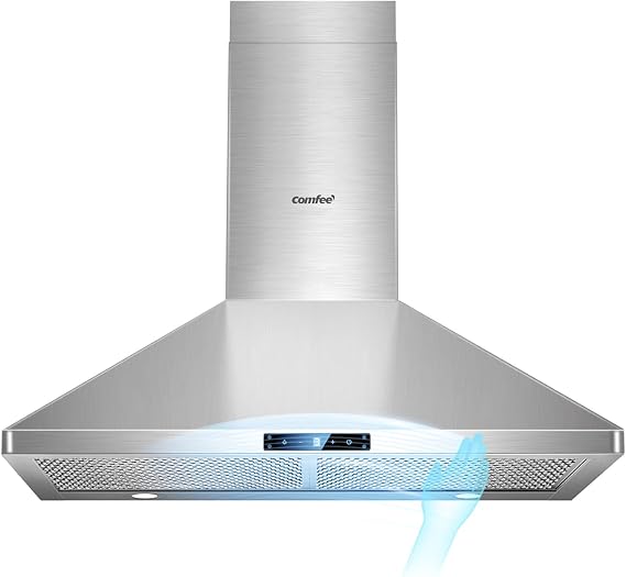 COMFEE' 30 Inch Wall Mount Range Hood, 450 CFM Ductless/Ducted Convertible | 3-Speed Gesture Sensing &Touch Control Stainless Steel Chimney Kitchen Vent Hood, 2 Baffle Filters &2 LED Lights