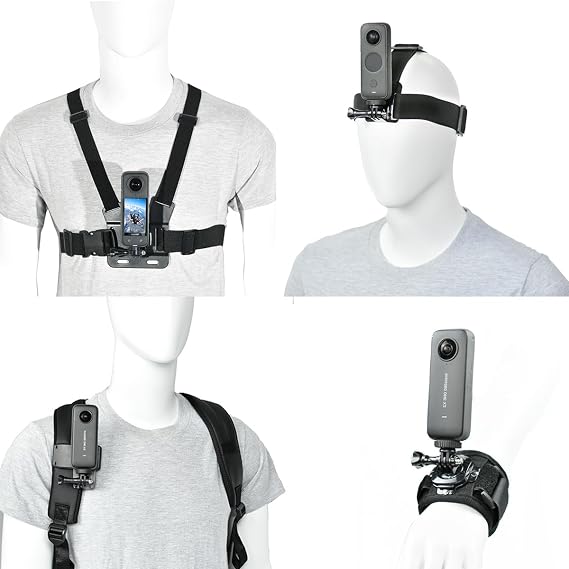 Chest/Head Strap Mount Bundle for Insta360 X5/X4/X3, GoPro & DJI | 4-in-1 Chest/Backpack/Head/Wrist Mount, Nylon & Microfiber, 360 Rotation, Non-Slip Adjustable, for Hiking, Cycling & Skiing
