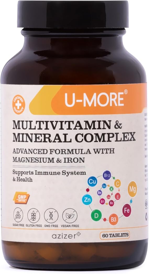 U-MORE Multivitamin ve Mineral Kompleksi, Şekersiz, Glutensiz, Kalsiyum, Magnezyum, A, B1, B2, B5, B6, B12, D3, K, C Vitaminleri, Demir, Çinko - 60 Tablet