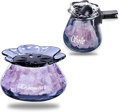 Car Diffuser Glass Bottles with Crystals Natural Stone for Spreading Essential Oils,Blue Lotus Design Glass jar as air freshener Vent Clip,car Vent Decor Accessories Light Purple  Purple