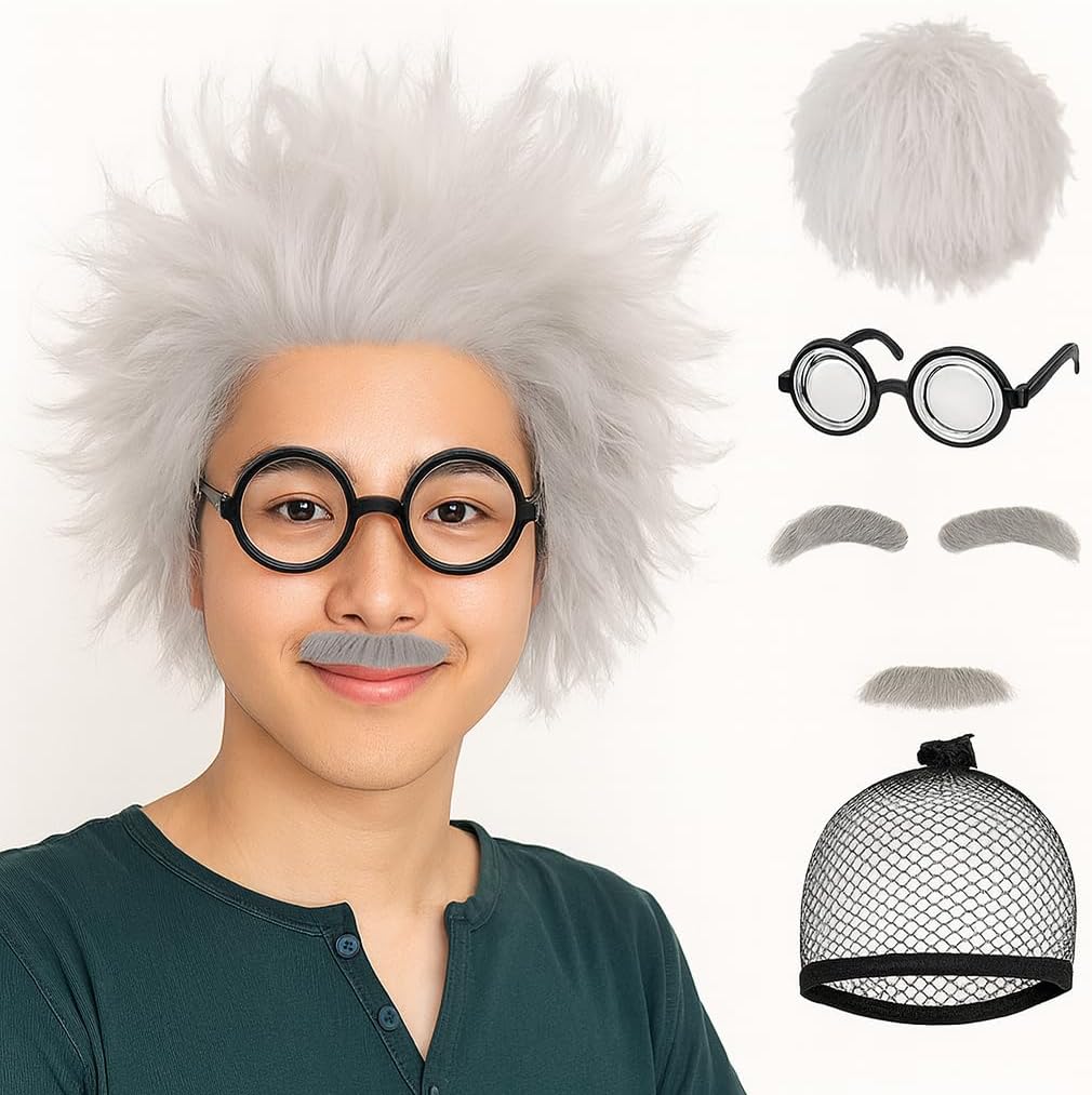 Gray Hair Wig, Doctor, Grandpa, Scientist, Cosplay, Funny Costume, Wig, Mustache, Face Parts Set, No Face
