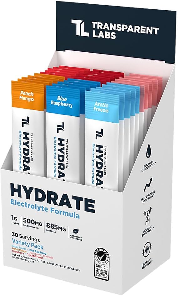 Transparent Labs Hydrate Electrolyte Formula - Variety Pack: Peach Mango, Blue Raspberry & Artic Freeze (30 Servings)