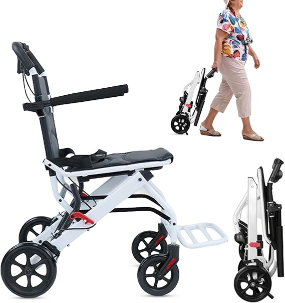 Lightweight Reclining Travel Wheelchair, 13.7lb Folding Transit Transport Wheelchairs for Adults Seniors Support 200lbs, Adjustable Safety Strap Carbon Steel Frame Aluminum Narrow Doorways Wheel Chair