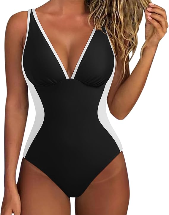 SUUKSESS Women One Piece Swimsuit Slimming Tummy Control Deep V Neck Bathing Suit
