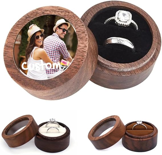 Personalized Wooden Ring Box Round Clear Window, Custom Photo Rings Organizer Men Women 1 or 2 Slots, Wood Fingerring Holder for Engagement Anniversary Proposal Wedding with Logo Image Text Monogram 