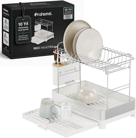 INOX MASTER KD410 | Genişletilebilir 2 Katlı Bulaşıklık | 304 Paslanmaz Çelik | Su Tahliyeli Tezgah Üstü Kurutmalık