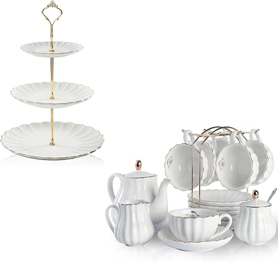 Sweejar Porcelain Tea Sets British Royal Series, 8 OZ Cups& Saucer Service for 6,3 Tier Ceramic Cake Stand Wedding, Dessert Cupcake Stand for Tea Party Serving Platter (White)