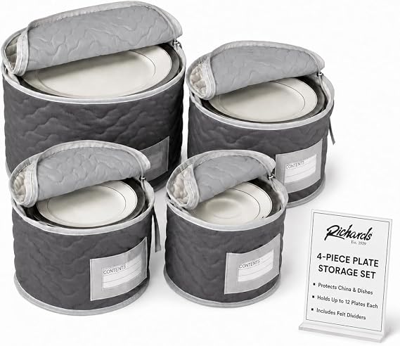 Richards Homewares China Storage Chest, for Starter 4-Piece Set, Quilted Micro Fiber-Gray