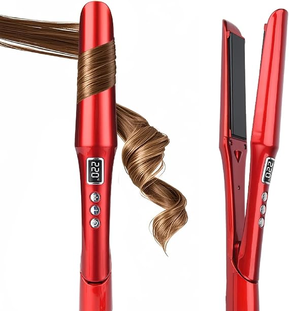2-in-1 Hair Straightener and Curler, Titanium & Ceramic, Red
