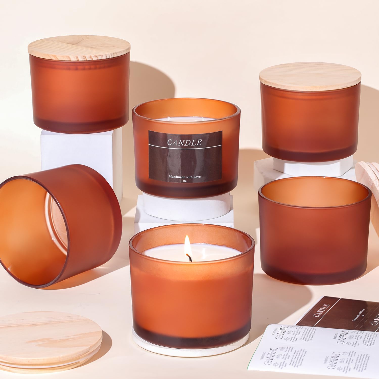 6 Pack 16 oz Amber Glass Candle Jars, Large Candles Jars for Making Candles, Frosted Candle Containers Vessels Bulk with Lids and Labels for DIY/Home Decor/Holiday Gift Crafting