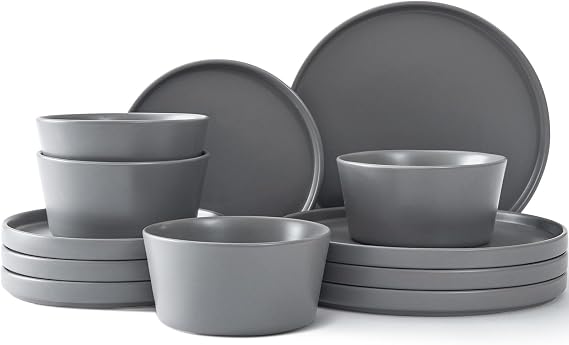 Asrug Gray 12-Piece Plates and Bowls Sets,Ceramic Dish Sets for 4, Chip Resistant and Scratch Dinnerware Set, Dining Dinner Porcelain Dishware, Microwave and Dishwasher Safe (Gray)