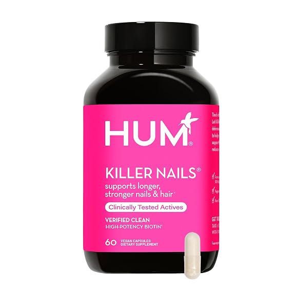 HUM Killer Nails Vegan Biotin & Selenium Supplement, Nail and Hair Vitamins to Support Longer, Stronger Nails & Hair, Highly Potent Biotin Supplement for Growth, Strength & Health, 60 Capsules