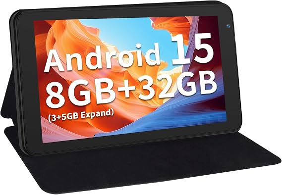 7 Inch Tablet with Case, 32GB+1TB Expand, 5G WiFi,IPS Display (Black) | Five Core Android 15 Tablets,3500mAh,Dual Camera, Type C Tablet PC