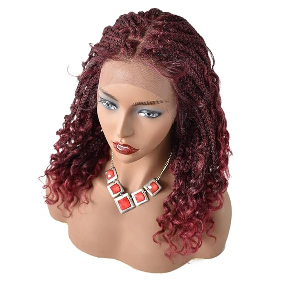Curly Box Braided Wigs For Black Women 18''Swiss Lace Front Braid Wigs Hand Tied Braiding Wig Natural Looking Knotless Synthetic Braids Wig With Baby Hair Micro Twisted Braided Wigs Cornrow Box Braids Wigs For African American Women (LL602483C, #T1B/BUG)