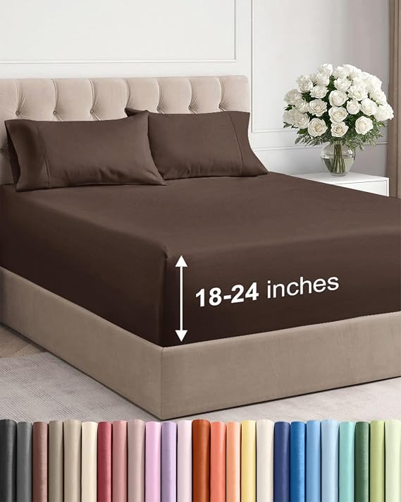 Extra Deep Twin Sheet Set - 4 Piece Breathable and Cooling Sheets - Brown
