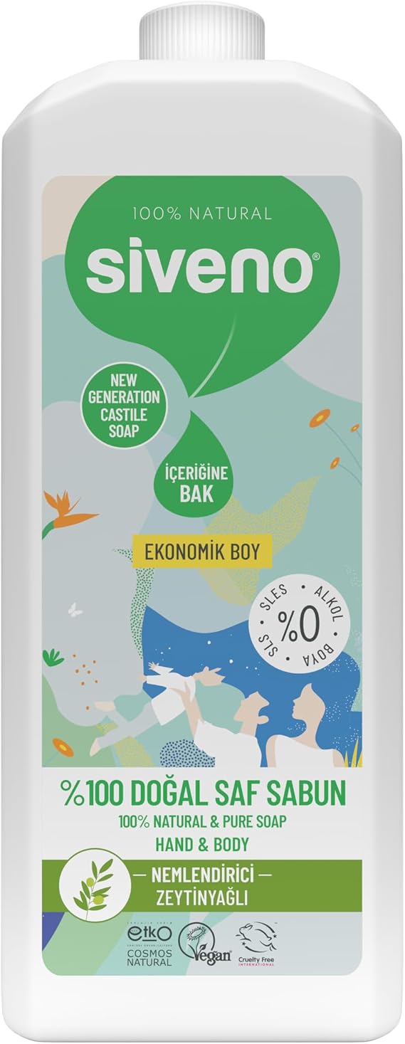 Siveno%100 Doğal Sıvı Kastil Sabun Zeytinyağlı Yoğun Nemlendirici Arındırıcı Bitkisel Vegan 1000 ml