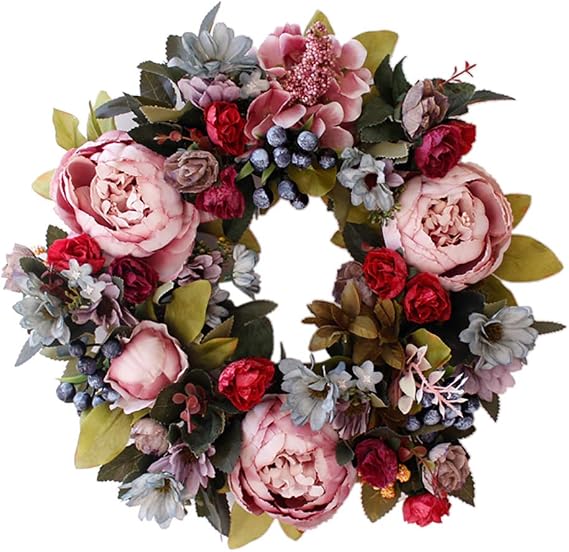 Artificial Rose Peony Flower Wreath - Newest Berry Flower Door Wreath with Green Leaves Spring Wreath for Front Door, Wedding, Wall, Home Decor, 13/21 Inch