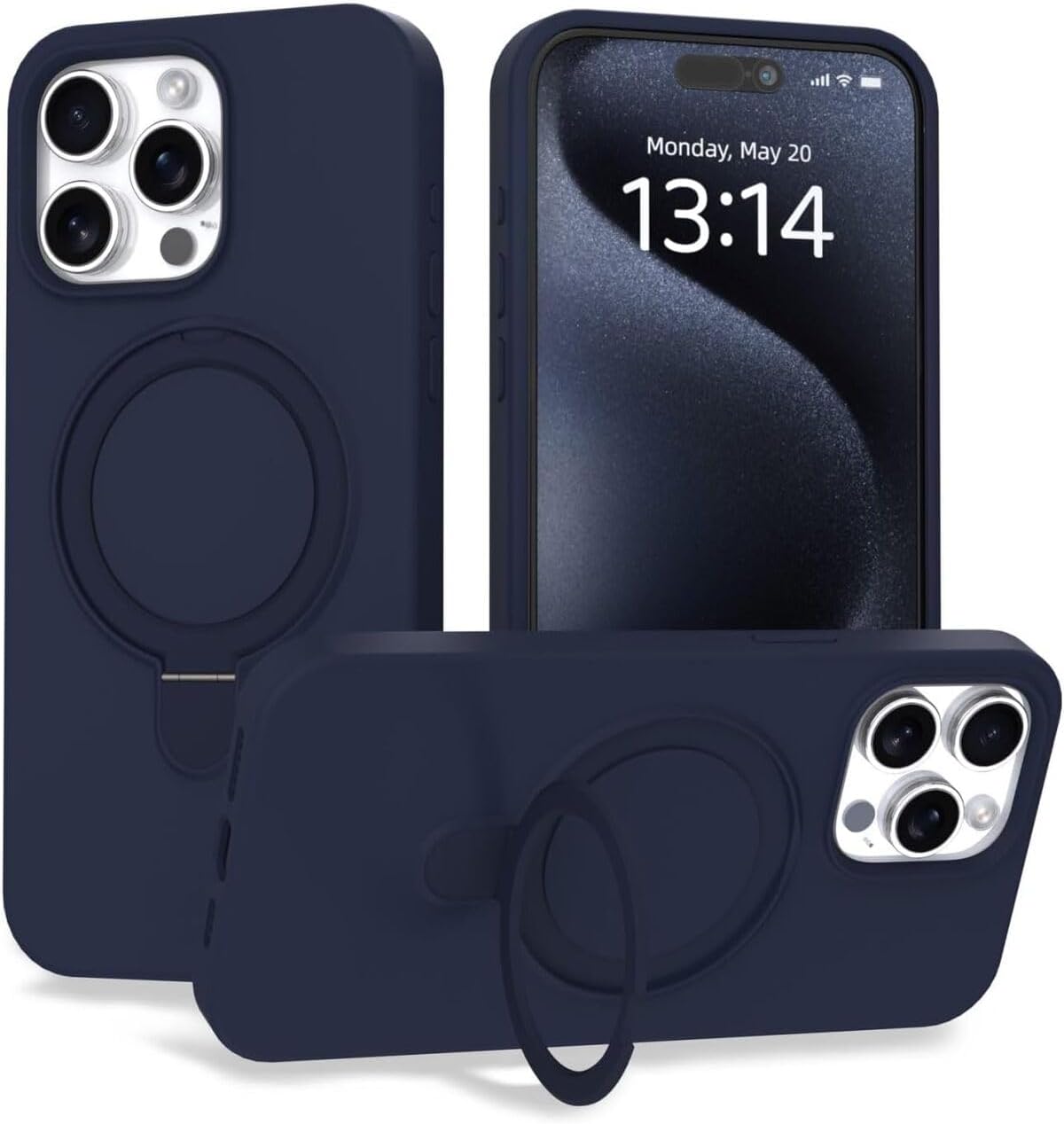 CONSTRAIN - iPhone 15 Pro Max ile uyumlu Apple Kılıf Magsafe ile uyumlu Halkalı Extra Standlı içi Kadife Yumuşak Renkli Silikon Kapak - Lacivert