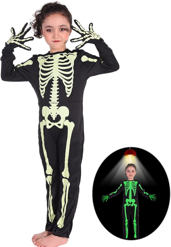 Besutolife Kids Skeleton Costumes Halloween Costume Glow in The Dark Child White Bones Stretch Body Suit for Boys Girls
