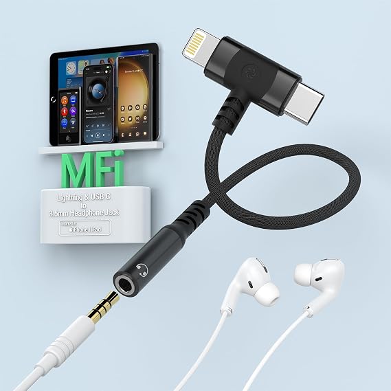 2-in-1 USB-C & Lightning to 3.5mm Aux Audio Jack Adapter Headphone Splitter, iPhone/Type C to 3.5 mm Female Earphone Converter for iPhone 15/14/13/12/11/iPad Pro/Samsung/Pixel/LGApple MFi-Black