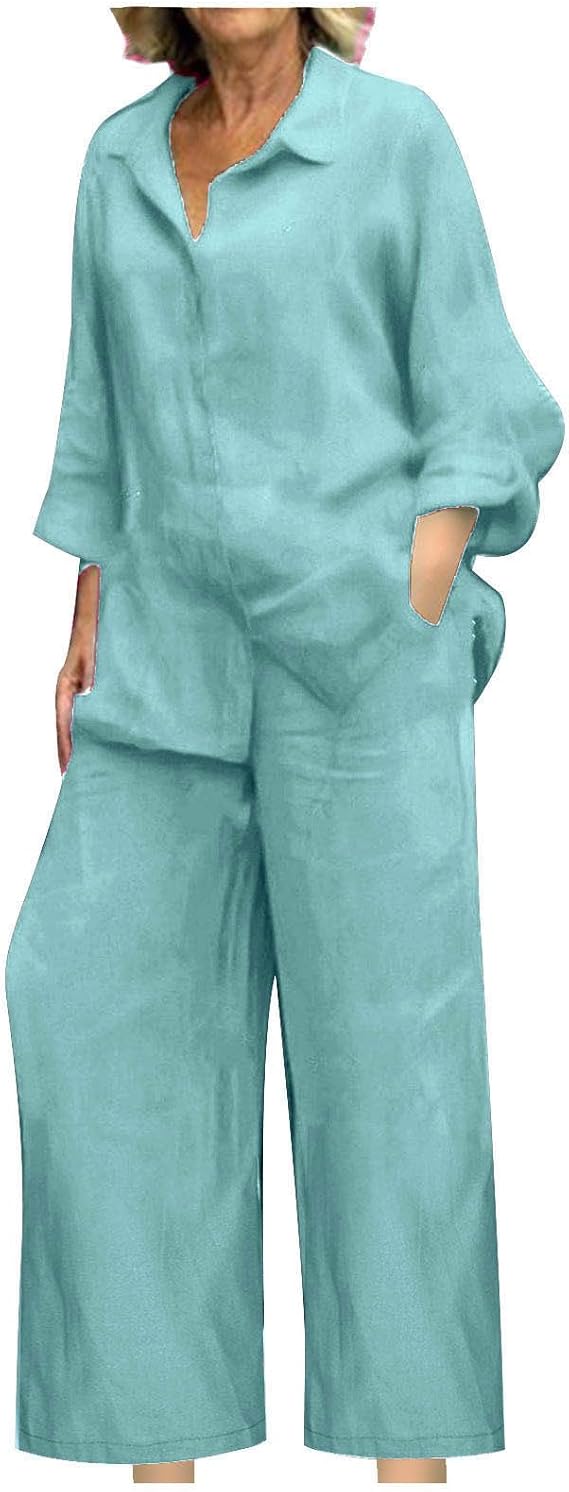 Two Piece Sets for Women Cotton Linen Lounge Set Long Sleeve Henley Shirt and Wide Leg Pants Matching Sets Outfits