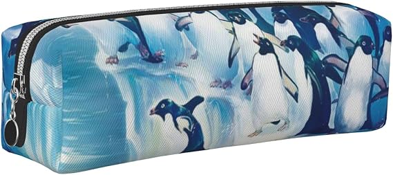 Penguins on Iceberg Printed Leather Pencil Case with Silver Zipper - Simple and Lightweight Organizer for School, Office, Travel, Makeup