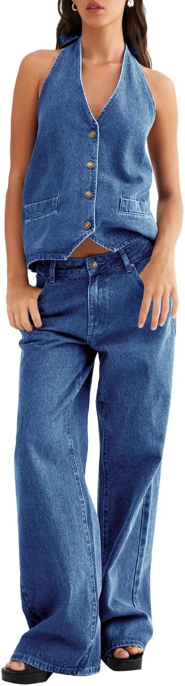Fisoew Women's Two Piece Denim Set Button Down Backless Tank Top and Wide Leg Jeans 2 Piece Outfit Suits, Large, Blue
