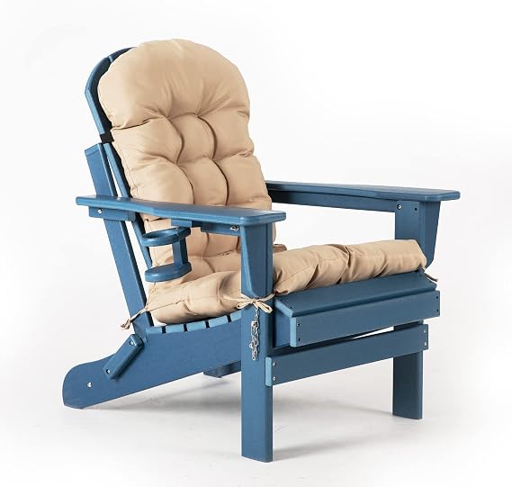 nalone Folding Adirondack Chair with Cushion with Cup Holder, HDPE Plastic Oversized Patio Chair Weather Resistant, Used in Outdoor, Fire Pit, Deck, Garden, Campfire Chairs (Blue)