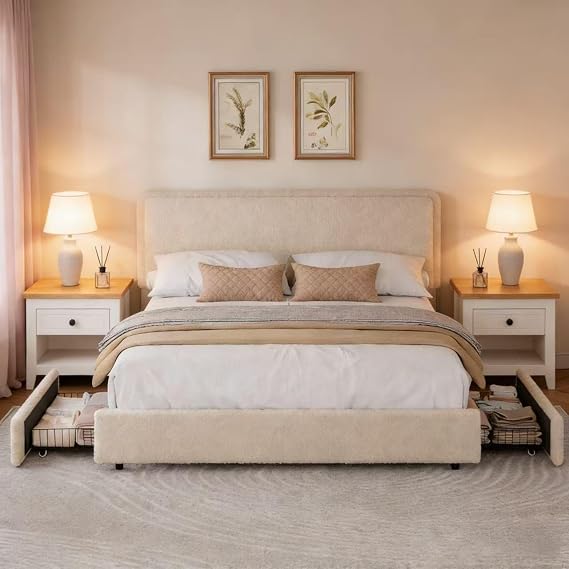 coucheta Teddy Fleece Thick Fabric Upholstered Platform Bed with 2 Storage Drawer, Modern Cloud Bed Frame with Adjustable Headboard, Soft Teddy Fabric, No Box Spring Needed, Queen, Beige