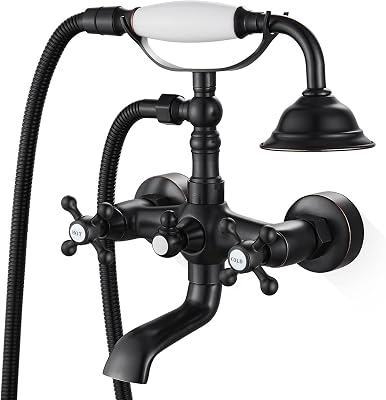 Airuida Wall Mount Bathtub Faucet with Telephone Handheld Sprayer, Double Hot and Cold Mixer, Cross Handles,Vintage Victorian Style Tub Filler Set Oil Rubbed Bronze