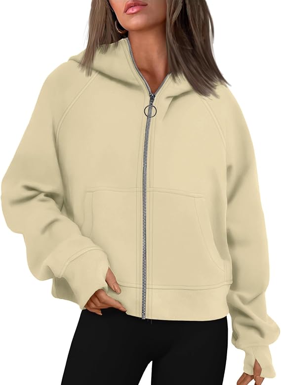 Womens Zip Up Hoodies Fleece Jackets Oversized Sweatshirts Fall Fashion Outfits Cropped Coat With Pockets Y2K Clothes