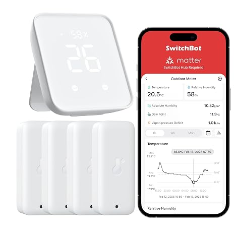 SwitchBot Thermometer Hygrometer 4 Pack with Hub, WiFi & Bluetooth IP65 Indoor Outdoor Thermometer Wireless, Humidity Sensor with Smart Alerts, Works with Alexa, Apple Home, Google Home