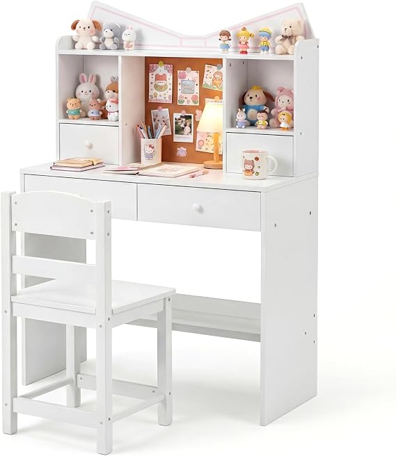 COSTWAY Kids Desk and Chair Set, Wooden Student Study Table with Drawers, Open Shelves, Cork Bulletin Board, Children Computer Workstation for 3-7 Years Old (White)